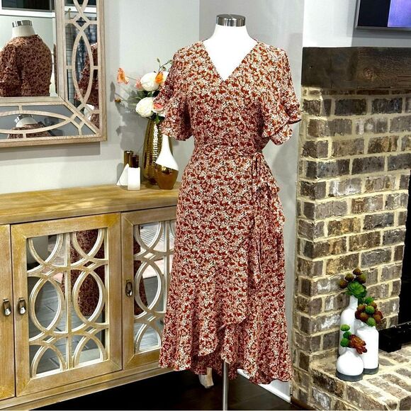 Max Studio Women's Ruffle Crepe High/Low Wrap Midi Dress in the Size X-Large - Picture 9 of 13